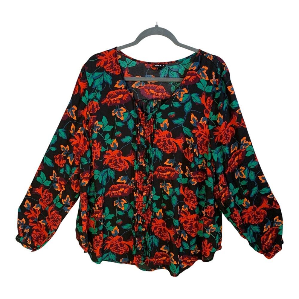 Torrid Women's Shirt SZ 2 Red Black Floral Long Sleeve Relaxed Flowy Blouse Top